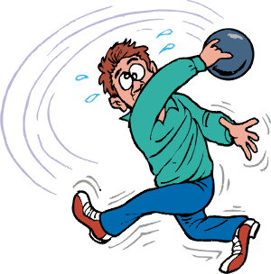 Clipart image of man getting himself in a twist because he has failed to release his bowl. 