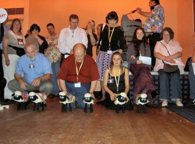 Picture of the model sheep racing at the start.