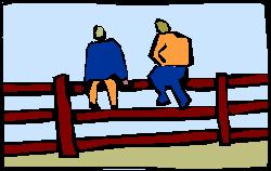 Stylised graphic of two people sitting on a fence.
