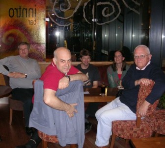 Members face the camera at their hastily arranged venue of Inntro bar, Jury's Inn in Milton Keynes.