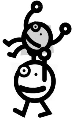 Two stick men, one holding the other in the air.