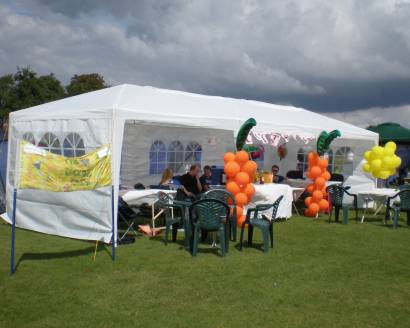 Team members man the fundraising stand decked out with balloons.