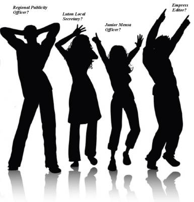 Silhouettes of four dancing people captioned in turn 'Regional Publicity Officer?', 'Luton Local Secretary?', 'Junior Mensa Officer?' and 'Empress Editor?'