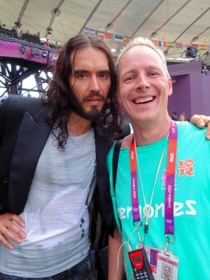 Neil Goulder with Russell Brand inside the London 2012 Olympics main stadium.