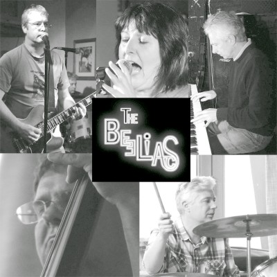 Montage of photos of members of the Beeliacs playing their instruments or singing
