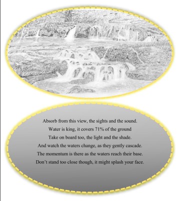 Absorb from thisview, the sights and the sound. Water is king, it covers 71% of the ground. Take on board too, the light and the shade. And watch the waters change, as they gentrly cascade. The momentum is there as the waters reach their base. Don't stand too close though, it might splash in your face.