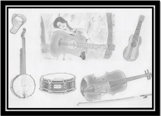 Pencil drawing of girl surrounded by musical instruments