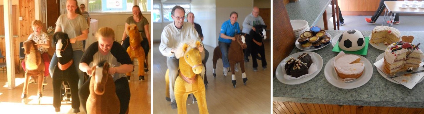 Children and adults riding mechanical ponies, and various cakes