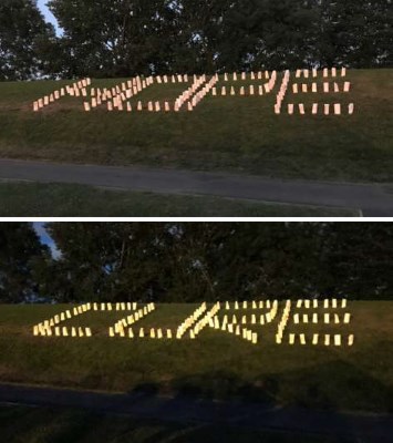 lights spell out the word 'hope' and 'cure' on an embankment