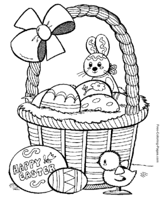 Line drawing of Easter basket with eggs, chick, and bunny