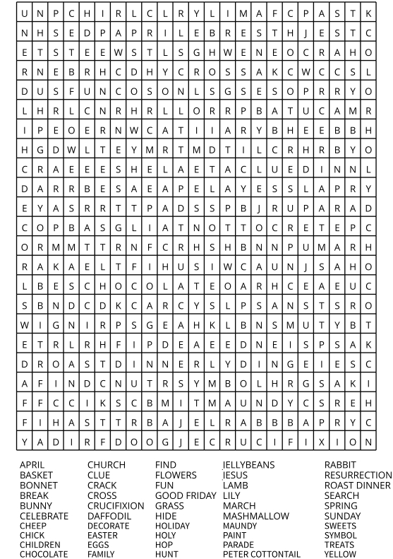Word search grid and words to find