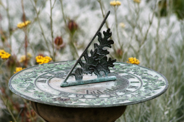 A sundial, surrounded by wild flowers