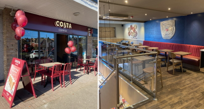 Outside and inside on Costa Coffee in High Wycombe. Red, helium filled balloons are attached to the Costa sign and one of the chairs