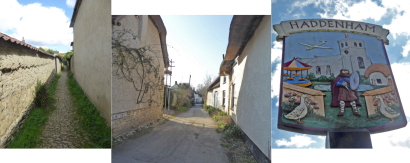 Images of narrow roads and alleys and a village sign depicting a kilted man with dagger and shield in front of a church. The sign also contains a pair of ducks and a glider