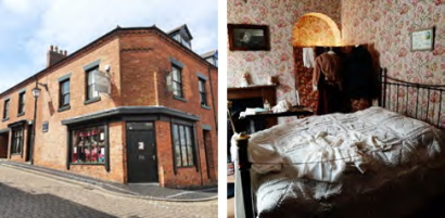 The museum has the look from the outside of a brick built corner shop. The bedroom has a flowery red green and white wallpaper and a bed with a metal headboard