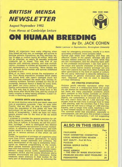 Front page of Augest/September 1982 Magazine. A dense page of text in two columns on yellow paper. Title of the article is 'On Human Breeding' by Dr Jack Cohen.