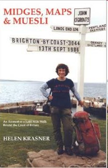 Book cover: Helen stands with rucksack beneath the John O'Groats sign post, showing the direction to lands end and elsewhere, and specifically Brighton-By-Coast 3044 with the date 13th September 1986.