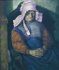 Picture of "Mrs Box", an elderly lady sitting in her chair. Painted by Dora Carrington, a member of the Bloomsbury Group, in 1919