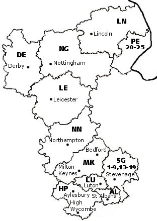 Map of the region, indicating the postcode areas LN, PE 20-25, NG, DE, LE, NN, MK, SG 1-9, 13-19, LU, HP and AL
