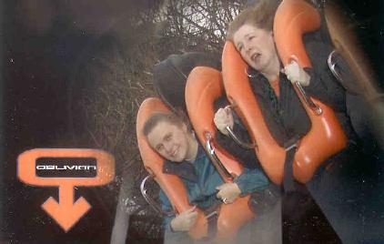 Close-up picture of two members on the Oblivion ride