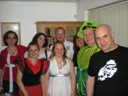 The eurovision group dressed up in various national garb.