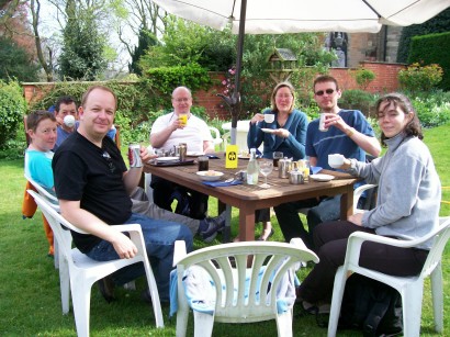 Picture of the group enjoying T@3 in the gardens of the Mintons tea rooms.